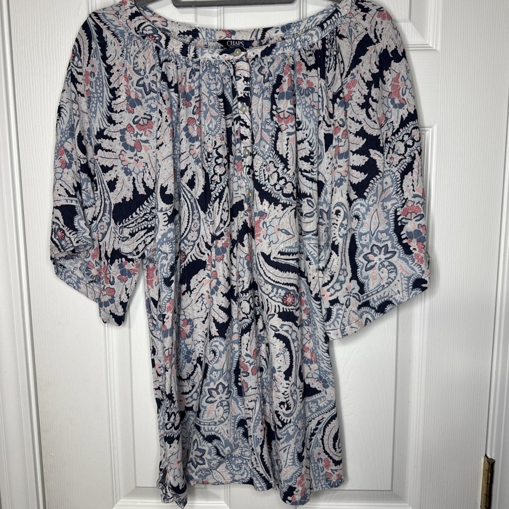 Chaps Navy Paisley Off-Shoulder Blouse with Pink and Light Blue Accents